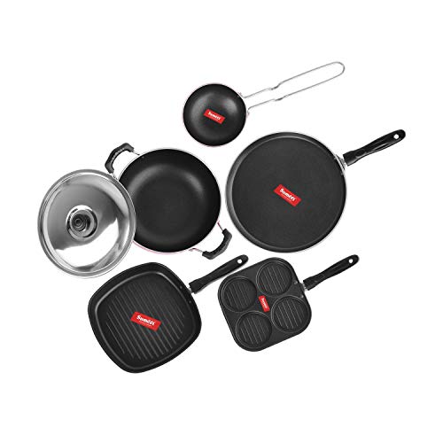 Sumeet 2.6mm Thick Non-Stick Redish Cookware Set (Dosa Tawa – 26.5cm Dia + Multi Snack Maker – 26.5cm Dia + Grill Pan – 1.1Ltr Capacity – 22cm Dia + Kadhai with Lid – 1.5Ltr + Tadka Pan – 10cm Dia)