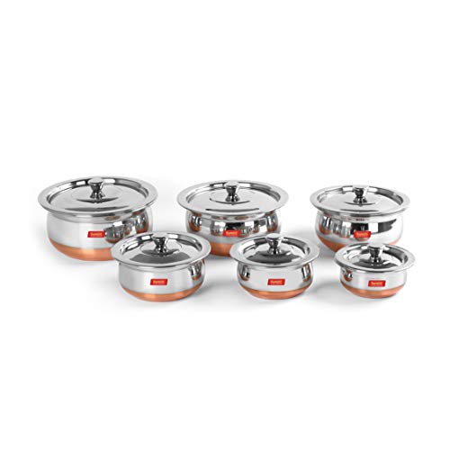 Sumeet Stainless Steel Copper Bottom 6 Pc Handi / Cookware/ Servware Pot Set with Lid 360ML, 500ML, 800ML, 1Ltr, 1.250Ltr, 1.650Ltr (Silver)
