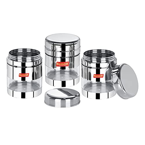 Sumeet Stainless Steel Circular See Through / Transparent Container, Set of 3Pc, 800 Ml each, 10cm Dia, Silver