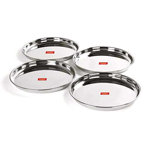 Sumeet Stainless Steel Heavy Gauge Deep Wall Dinner Plates with Mirror Finish 31.3cm Dia - Set of 4pc