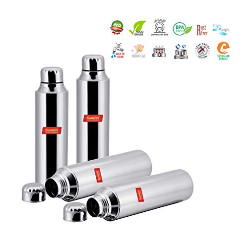 Sumeet Stainless Steel Airtight and Leak Proof Fridge Water Bottle 1 Litre, Set of 4pc
