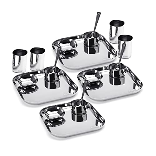 Sumeet Square Stainless Steel Heavy Gauge Mirror Finish Dinner Set of 20 Pc (4 Plate, 4 Halwa Plate, 4 Bowl , 4 Glass, 4 Spoon)