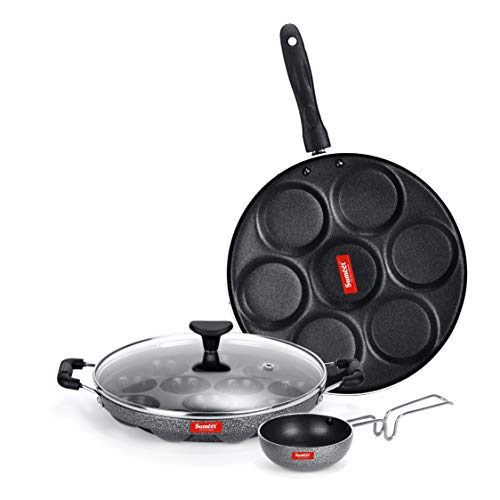 Sumeet NonStick Gray Cookware Set (Multi Snack Maker - 7 Cavity - 26.5Cm Dia + Grill Appam Patra with Glass Lid - 12 Cavity - 22cm Dia + Waghariya/Tadka pan - 190Ml - 10Cm Dia)