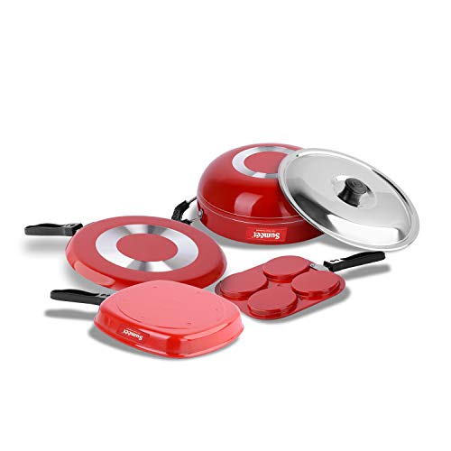 Sumeet 2.6mm Thick Non-Stick Catalan Cookware Set (Dosa Tawa – 26.5cm Dia + Mini Multi Snack Maker – 19.5cm Dia + Kadhai with Lid – 1.5Ltr Capacity- 20cm Dia + Grill Pan – 1.1Ltr Capacity – 22cm Dia)
