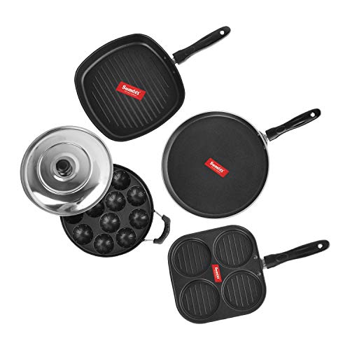 Sumeet 2.6mm Thick Non-Stick Esperanto Cookware Set (Dosa Tawa – 26.5cm Dia + Mini Multi Snack Maker – 19.5cm Dia + Grill Appam Patra with Lid – 23cm Dia + Grill Pan – 1.1Ltr Capacity – 22cm Dia)