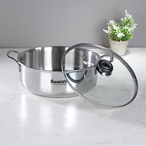 Sumeet Cook Smart TriPly Steel-Aluminium-Steel - 3 Layers Casserole/Biryani Pot/Stock Pot with Glass Lid- 4.35Ltr - 24Cm, Silver