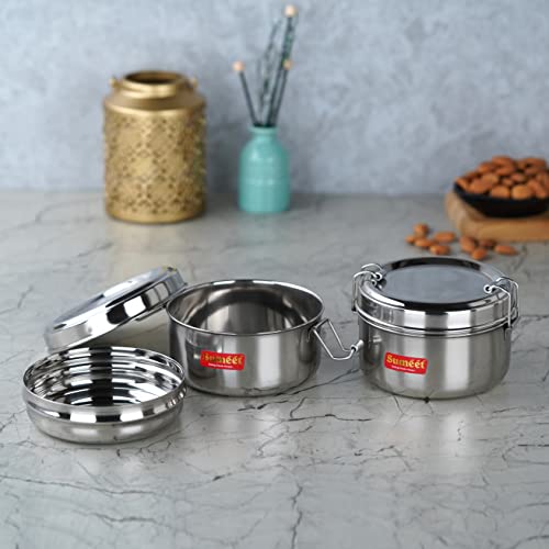 Sumeet Stainless Steel Meal Pack Lunch Box / Tiffin with Steel Separator Plate and Locking Clip, Set of 2Pc, 300ML Each, 11.5cm Dia, Silver