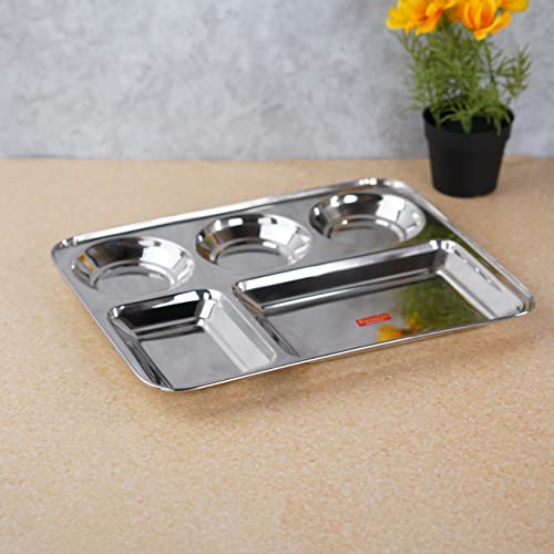 Package: Sumeet Stainless Steel Rectangular 5 in 1 Compartment Lunch / Dinner Plate 1Pc, 37.4cm Dia, Silver