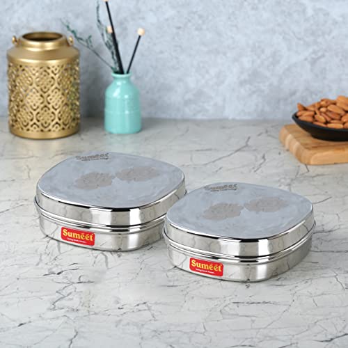 Sumeet Stainless Steel Designer Square Storage containers Box/Dabba for Kitchen, Set of 2Pcs, 350ml, 12cm Dia, Silver