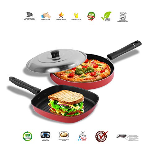 Sumeet 2.6mm Thick Non-Stick Vivid Red Cookware Set (Grill Pan – 1.1Ltr Capacity – 22cm Dia + Pizza Pan – 23cm Dia)