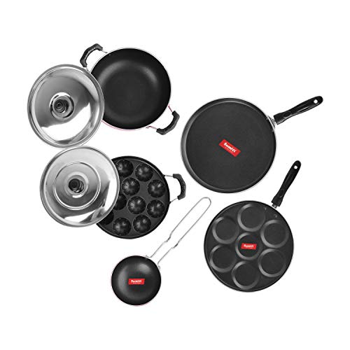 Sumeet 2.6mm Thick Non-Stick Liab Cookware Set (Dosa Tawa – 26.5cm Dia + Multi Snack Maker – 26.5cm Dia + Kadhai with Lid – 1.5Ltr + Grill Appam Patra with Lid – 23cm Dia + Tadka Pan – 10cm Dia)