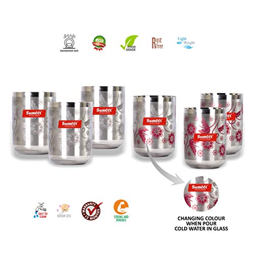 Sumeet Stainless Steel Laser Printed Miracle Glass Set of 6 Pcs (Capacity - 300 ml Each) (Changing Colour)