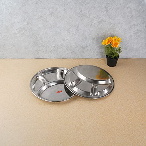 Sumeet Stainless Steel Round 4 in 1 Compartment Lunch / Dinner Plate Set of 2Pcs, 30.3cm Dia, Silver