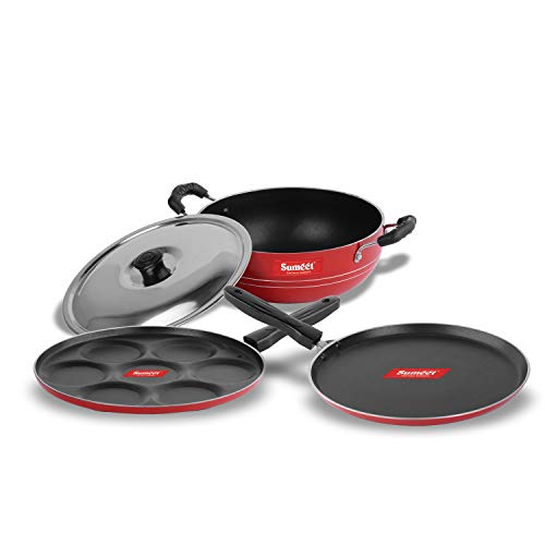 Sumeet 2.6mm Thick Non-Stick Strawberry Combo Set (Dosa Tawa – 26.5cm Dia + Multi Snack Maker – 26.5cm Dia + Kadhai with Lid – 1.5Ltr Capacity- 20cm Dia)