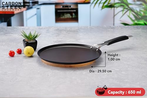 Sumeet Super Smooth Pre Seasoned Carbon Steel (Iron) Flat Tawa for Dosa, Uttappa, Chapati, Roti|Naturally Nonstick |29.5cm, Gas & Induction-Friendly, Black