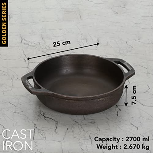 Sumeet Super Smooth Gold Series Pre Seasoned Cast Iron Kadai for Cooking /Deep Fry/Saute |2.7 LTR, 25cm, 2.670kg, Gas & Induction-Friendly.