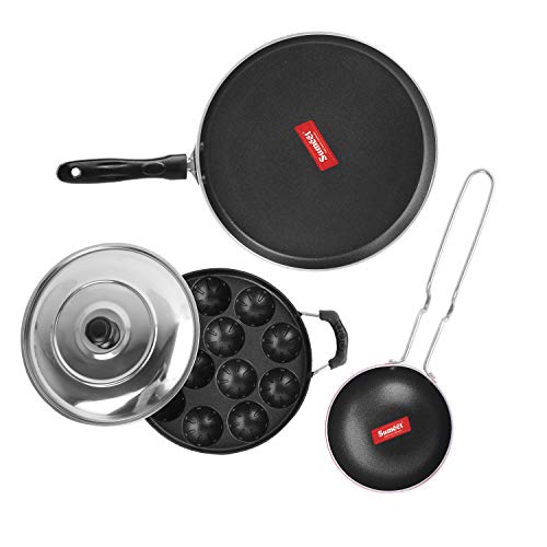 Sumeet 2.6mm Thick Non-Stick Roisin Combo Set (Dosa Tawa – 26.5cm Dia + Grill Appam Patra with Lid – 23cm Dia + Tadka Pan – 10cm Dia)