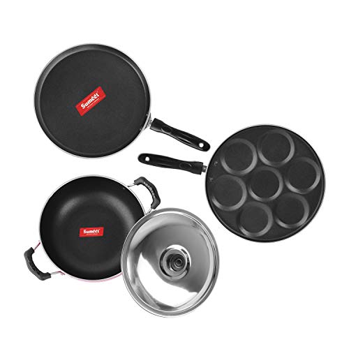 Sumeet 2.6mm Thick Non-Stick Strawberry Combo Set (Dosa Tawa – 26.5cm Dia + Multi Snack Maker – 26.5cm Dia + Kadhai with Lid – 1.5Ltr Capacity- 20cm Dia)