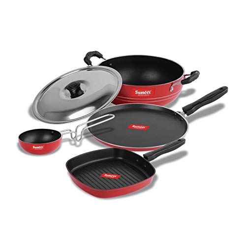 Sumeet 2.6mm Thick Non-Stick Piros Cookware Set (Dosa Tawa – 26.5cm Dia + Kadhai with Lid – 1.5Ltr Capacity- 20cm Dia + Grill Pan – 1.1Ltr Capacity – 22cm Dia + Tadka Pan – 10cm Dia)
