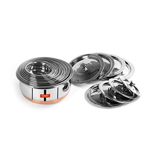 Sumeet Stainless Steel Copper Bottom 8 Pc Handi / Cookware/ Servware Pot Set with Lid 360ML, 500ML, 800ML, 1Ltr, 1.250Ltr, 1.650Ltr (Silver)