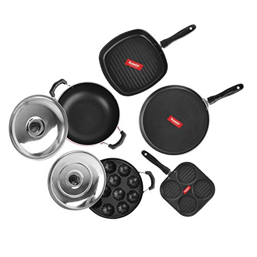 Sumeet 2.6mm Thick Non-Stick Dearg Cookware Set (Dosa Tawa – 26.5cm Dia + Mini Multi Snack Maker – 19.5cm Dia + Kadhai with Lid – 1.5Ltr + Grill Appam Patra with Lid – 23cm Dia + Grill Pan – 1.1Ltr)