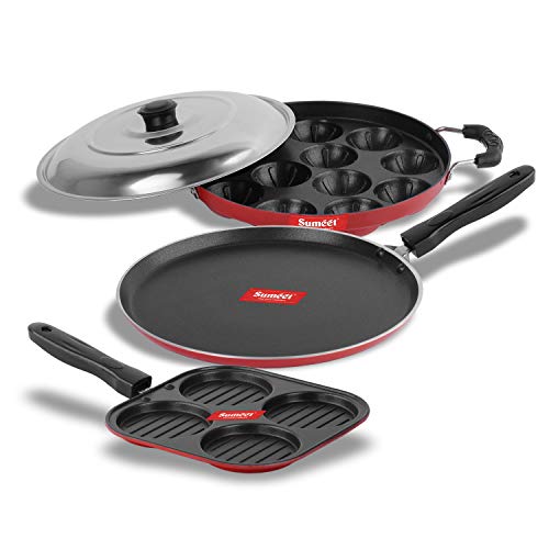 Sumeet 2.6mm Thick Non-Stick Get Red Combo Set (Dosa Tawa – 26.5cm Dia + Multi Snack Maker – 26.5cm Dia + Grill Appam Patra with Lid – 23cm Dia)