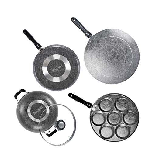 Sumeet NonStick Svartur Cookware Set (Dosa Tawa - 26.5Cm Dia + Multi Snack Maker - 7 Cavity - 26.5Cm Dia + Kadhai with Glass Lid -2Ltr - 22Cm Dia + Conceve/Roti Tawa - 28Cm Dia)