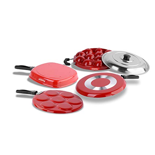 Sumeet 2.6mm Thick NonStick Sorrell Cookware Set (Dosa Tawa – 26.5cm Dia + Multi Snack Maker – 26.5cm Dia + Grill Appam Patra with Lid – 23cm Dia + Grill Pan – 1.1Ltr Capacity – 22cm Dia)