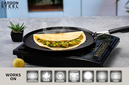 Sumeet Super Smooth Pre Seasoned Carbon Steel (Iron) Flat Tawa for Dosa, Uttappa, Chapati, Roti|Naturally Nonstick |29.5cm, Gas & Induction-Friendly, Black