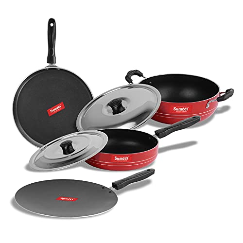 Sumeet 2.6mm Thick Non-Stick MENA Cookware Set (Dosa Tawa – 26.5cm Dia + Concave Tawa – 28cm Dia + Kadhai with Lid – 1.5Ltr Capacity- 20cm Dia + Fry pan – 1.5Ltr Capacity – 21cm Dia)