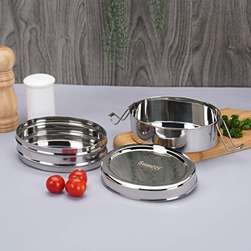 Sumeet Stainless Steel Oval Lunch Box/Tiffin with 2 Compartments and Locking Clip, 850ML, Ideal for 2 Person - Silver