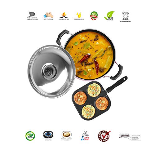 Sumeet 2.6mm Thick Non-Stick Apple Cookware Set (Mini Multi Snack Maker – 19.5cm Dia + Kadhai with Lid – 1.5Ltr Capacity-