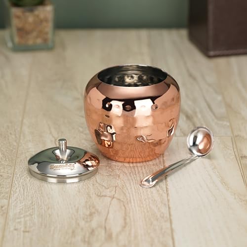Sumeet Stainless Steel Copper Coated Handcrafted Hammered Ghee and Oil Pot, Storage Container with Spoon for Kitchen and Pooja, 7.5cm Dia, 220ML - Silver (Pack of 1)