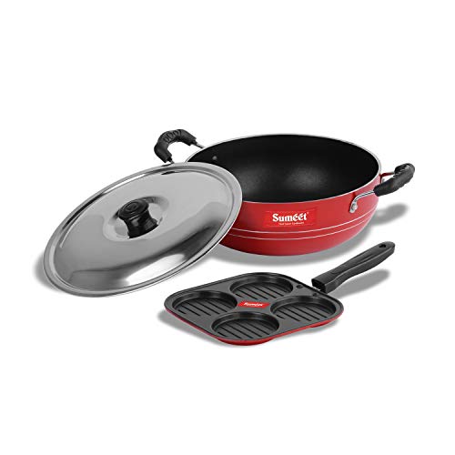 Sumeet 2.6mm Thick Non-Stick Apple Cookware Set (Mini Multi Snack Maker – 19.5cm Dia + Kadhai with Lid – 1.5Ltr Capacity-