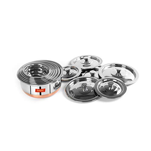 Sumeet Stainless Steel Copper Bottom 6 Pc Handi / Cookware/ Servware Pot Set with Lid 360ML, 500ML, 800ML, 1Ltr, 1.250Ltr, 1.650Ltr (Silver)