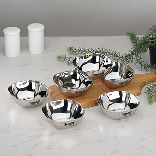 Sumeet Heavy Gauge Stainless Steel Apple Square Bowl/Wati/Katori with Mirror Finish – 9.5cm Dia, Set of 6pc, 200ML Each - Silver
