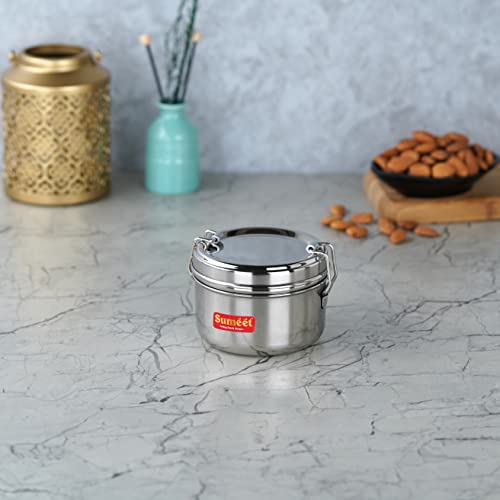 Sumeet Stainless Steel Meal Pack Lunch Box / Tiffin with Steel Separator Plate and Locking Clip, 250ML, 9.5cm Dia, Silver