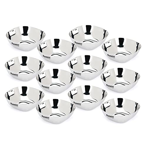 Sumeet Heavy Gauge Stainless Steel Apple Square Bowl/Wati/Katori with Mirror Finish – 10.6cm Dia, Set of 12pc, 250ML Each - Silver