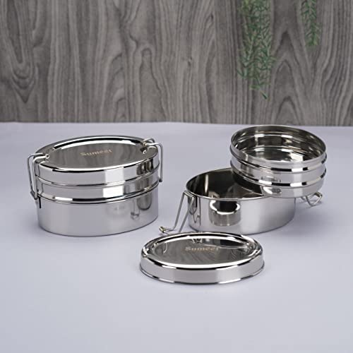 Sumeet Stainless Steel Oval Lunch Box/Tiffin with 2 Compartments and Locking Clip, Set of 2 Pcs, 800ML & 850ML Each, Ideal for 4 Person - Silver