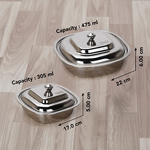 Sumeet Stainless Steel Square Serving Bowl / Curry Bowl / Gravy Pot with lid