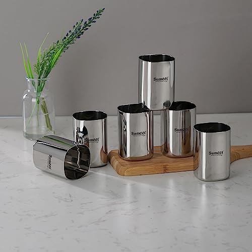 Sumeet Stainless Steel Mirror Finish Square Shape Heavy Gauge Glass Set of 6 Pcs - 6.5cm Dia - (350ml Each)