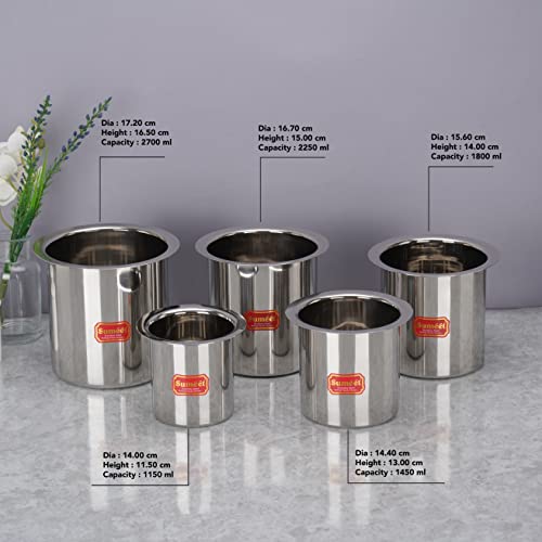 Sumeet Stainless Steel Ganj / Milk Boiler / Milk Pot /Long Tapeli Set of 5 Pieces (1150ml, 1450ml,1800ml, 2250ml, 2700ml), Silver