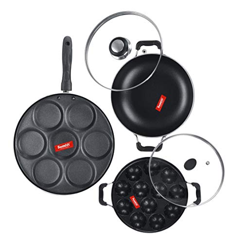 Sumeet NonStick Liath Cookware Set (Multi Snack Maker - 7 Cavity - 26.5Cm Dia + Kadhai with Glass Lid -2Ltr - 22Cm Dia + Grill Appam Patra with Glass Lid - 12 Cavity - 22cm Dia)