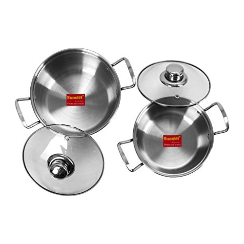 Sumeet Stainless Steel Induction Bottom (Encapsulated Bottom) Induction & Gas Stove Friendly Conical Shape Casserole Size No.14 (1 LTR) & Size No.16 (1.5 LTR)