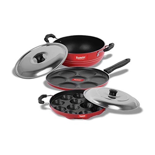Sumeet 2.6mm Thick Non-Stick Red Joy Combo Set (Multi Snack Maker – 26.5cm Dia + Kadhai with Lid – 1.5Ltr Capacity- 20cm Dia + Grill Appam Patra with Lid – 23cm Dia)