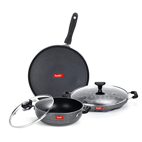 Sumeet NonStick Abu-Abu Cookware Set (Dosa Tawa - 26.5Cm Dia + Kadhai with Glass Lid -2Ltr - 22Cm Dia + Grill Appam Patra with Glass Lid - 12 Cavity - 22cm Dia)