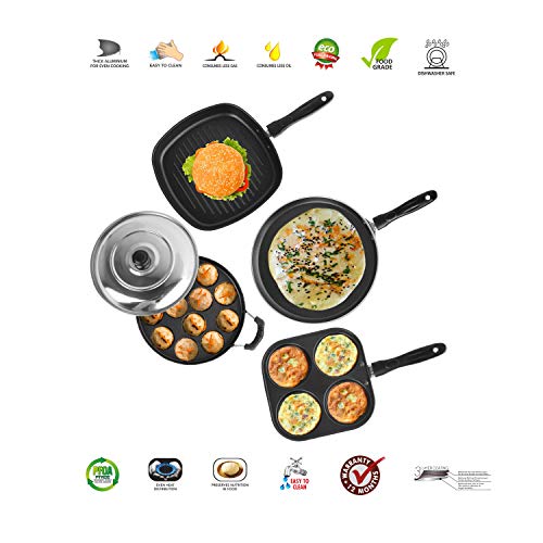 Sumeet 2.6mm Thick Non-Stick Esperanto Cookware Set (Dosa Tawa – 26.5cm Dia + Mini Multi Snack Maker – 19.5cm Dia + Grill Appam Patra with Lid – 23cm Dia + Grill Pan – 1.1Ltr Capacity – 22cm Dia)