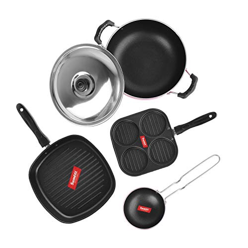 Sumeet Ruz 2.6 mm Thick Non-Stick Cookware Set (Mini Multi Snack Maker 19.5 cm Dia, Kadhai with Lid 1.5 Ltr Capacity and 20 cm Dia, Grill Pan 1.1 Ltr Capacity and 22 cm Dia, Grill Pan 1.1 Ltr)