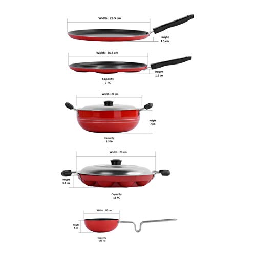 Sumeet 2.6mm Thick Non-Stick Liab Cookware Set (Dosa Tawa – 26.5cm Dia + Multi Snack Maker – 26.5cm Dia + Kadhai with Lid – 1.5Ltr + Grill Appam Patra with Lid – 23cm Dia + Tadka Pan – 10cm Dia)