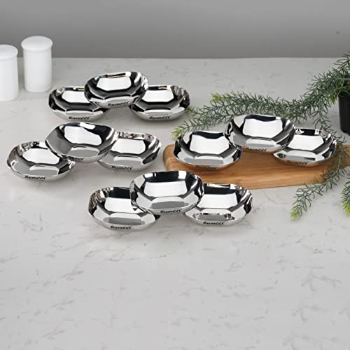Sumeet Stainless Steel Small Apple Square Shape Plate/Dessert Plate/Halwa Plate Set of 12pcs, 9cm Dia, 120ML Each - Silver